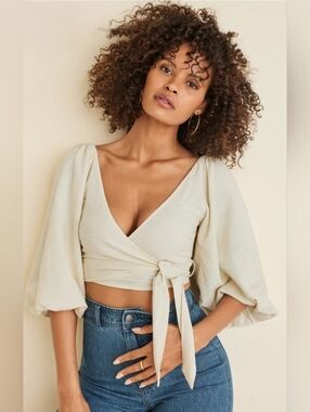 NWT VENUS Cream Linen Wrap Crop Top with Tie Detail